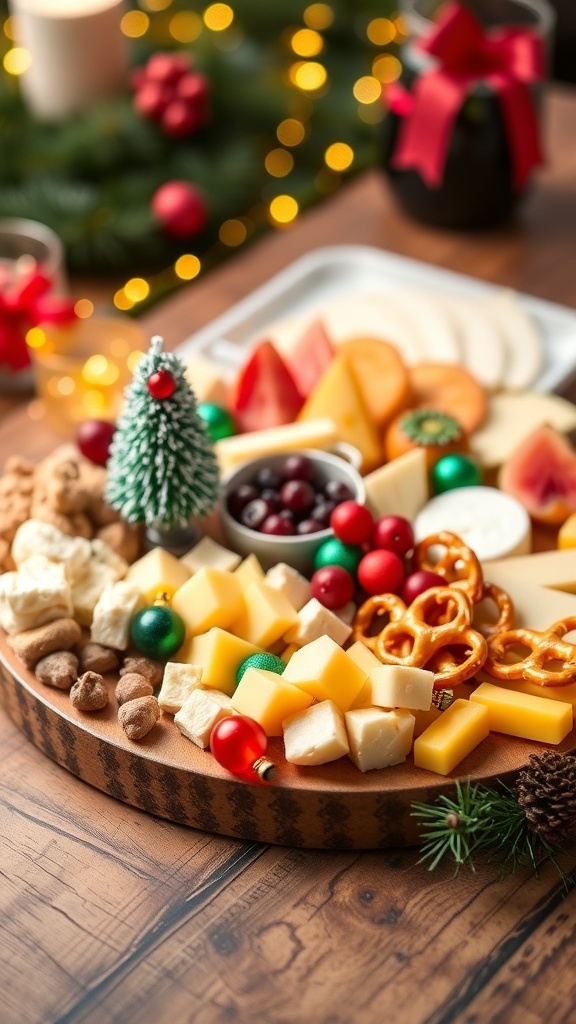 A kid-friendly Christmas charcuterie board with cheese, pretzels, fruits, and cookies, decorated for the holiday season.